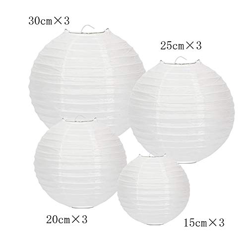 12 piezas- Linternas de papel redondas, Funmo decoración de linterna de papel redonda, fiesta, cumpleaños, Navidad y bodas, farolillos (Distintos tamaños, Blanca)
