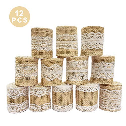 12 piezas Rollo de cinta de artesanía de arpillera de Encaje Blanco natural (1M / pieza),Rollo de cinta de artesanía de yute de Encaje Blanco,Hecho de cinta de yute natural y encaje de seda blanco.