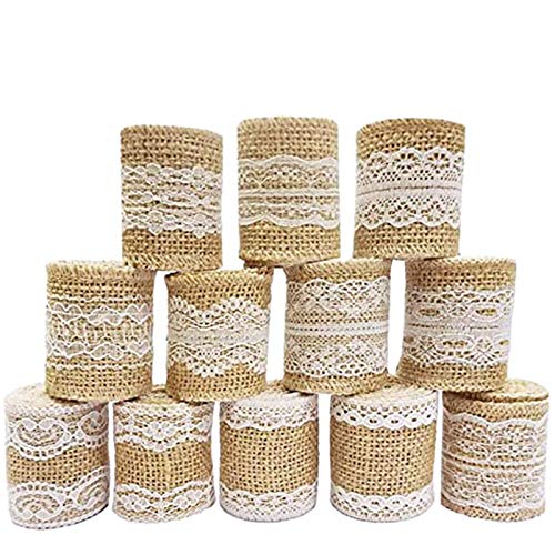 12 piezas Rollo de cinta de artesanía de arpillera de Encaje Blanco natural (1M / pieza),Rollo de cinta de artesanía de yute de Encaje Blanco,Hecho de cinta de yute natural y encaje de seda blanco.