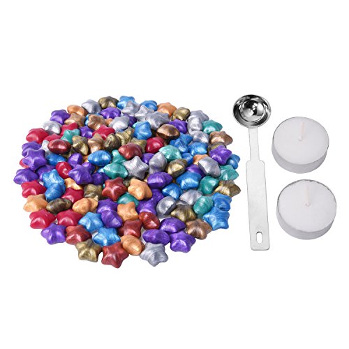 140 Piezas Granos de Cera de Sellado Lacre en Forma de Estrella con 1 Pieza de Cuchara de Fundición de Cera y 2 Piezas de Velas, 9 Colores
