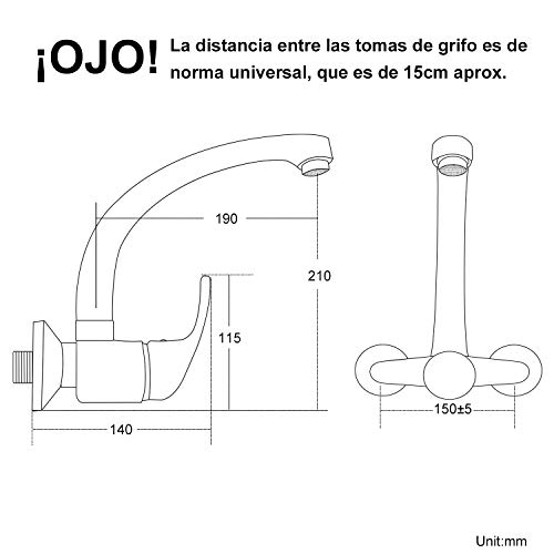 1,4kg Hapilife Grifo Cocina Pared Monomando Grifo Fregadero Pared, Cocina Doble Grifo Pared Cocina 15 cm Caño Giratorio Alto, Latón Plateado, Medida Estándar, 10 Años Garantía