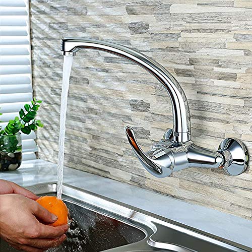 1,4kg Hapilife Grifo Cocina Pared Monomando Grifo Fregadero Pared, Cocina Doble Grifo Pared Cocina 15 cm Caño Giratorio Alto, Latón Plateado, Medida Estándar, 10 Años Garantía