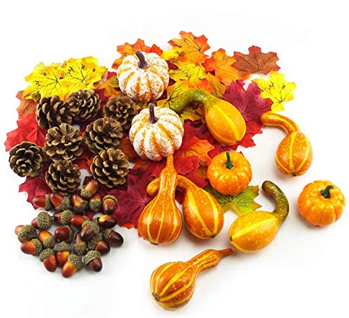 166 piezas de decoración de Halloween, incluidas mini calabazas artificiales, hojas de arce otoñal, bellotas, calabazas, piñas, decoración de mesa de Halloween