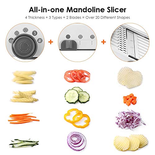 18 Tipos Cortadora de mandolina ajustable Cortador manual de acero inoxidable Rallador de verduras Cortadora de juliana Gofre de frutas Cortador de papas de cocina(Blanco)