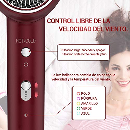 1800W secador de pelo de iones negativos,botón deslizante para controlar la velocidad del viento y la energía eólica, dos tipos de temperatura fría y caliente