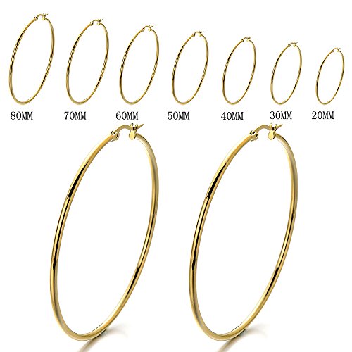 2 Grande Oro Llanura Círculo Pendientes del Aro, Pendientes para Mujer Niñas, Acero Inoxidable