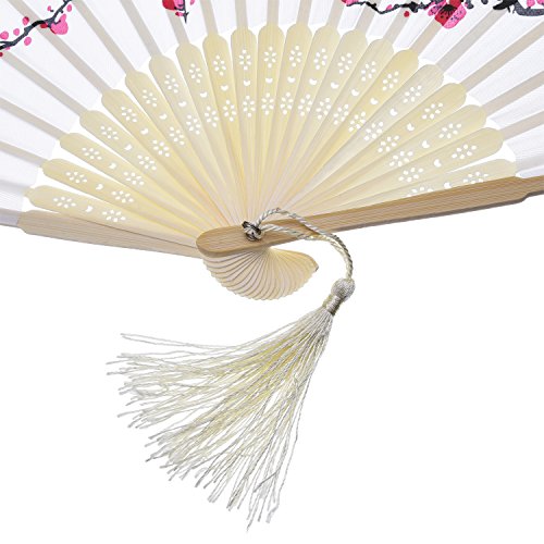 2 Piezas Abanicos Plegables Portátil Abanicos de Mano de Bambú con Borlas Abanicos de Bambú de Hueco de Mujeres para Decoración de Pared, Regalos (Cereza Blanca)