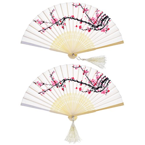2 Piezas Abanicos Plegables Portátil Abanicos de Mano de Bambú con Borlas Abanicos de Bambú de Hueco de Mujeres para Decoración de Pared, Regalos (Cereza Blanca)