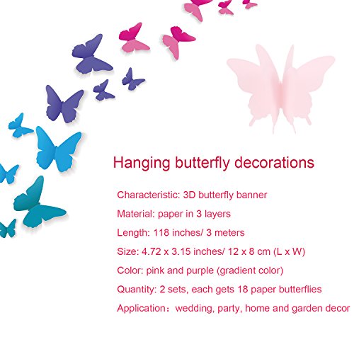 2 Piezas de Pancarta de Mariposa de Papel 3D Guirnalda Decorativa Colgante para Boda, Fiesta de Bienvenida a Bebé, Cumpleaños y Adornos Temáticos, 118 Pulgadas de Largo, Rosa y Morado