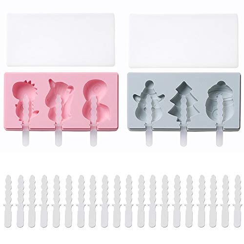 2 Piezas Molde de Helado de Silicona, Moldes de Helado de Bricolaje Hechos a Mano Hechos en Casa,Unicornio / Reno de Muñeco de Nieve, DIY Molde de Hielo + 20 Piezas de Palitos de Plástico (Azul,Rosa)