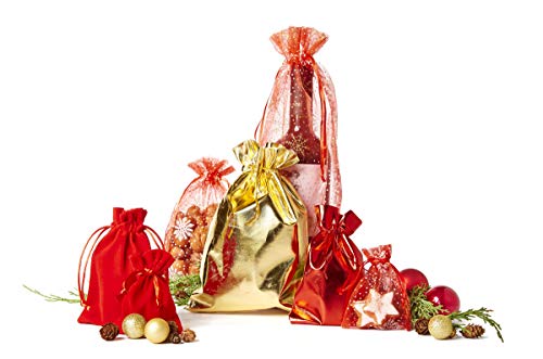 20 bolsas de organza, bolsitas de tela organza con cristales brillantes color dorado y blanco, tamaño 30x20cm, bolsa de regalo, navidad, fiesta, decoración, invierno (rojo)