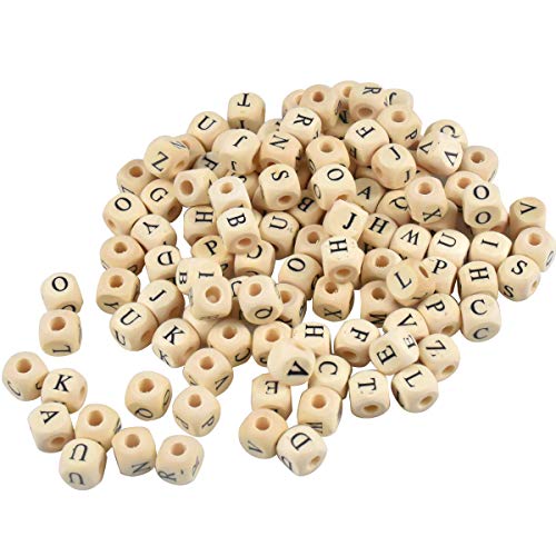 200 Pcs Cuentas Alfabeto de Madera Natural, Cuentas de Número de Madera, Abalorios Letras Grano de la Carta de Madera para la Fabricación de la Joyería, Pulseras DIY Manualidades, 10 mm