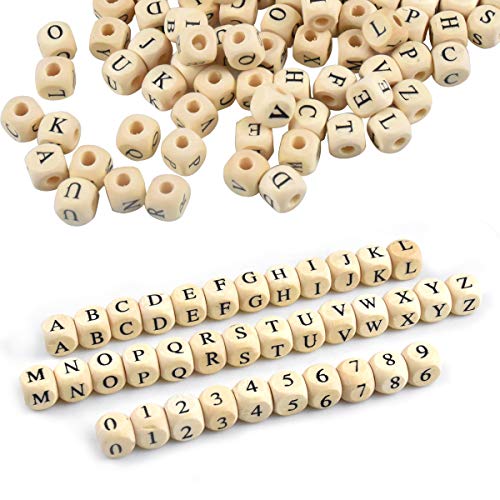 200 Pcs Cuentas Alfabeto de Madera Natural, Cuentas de Número de Madera, Abalorios Letras Grano de la Carta de Madera para la Fabricación de la Joyería, Pulseras DIY Manualidades, 10 mm