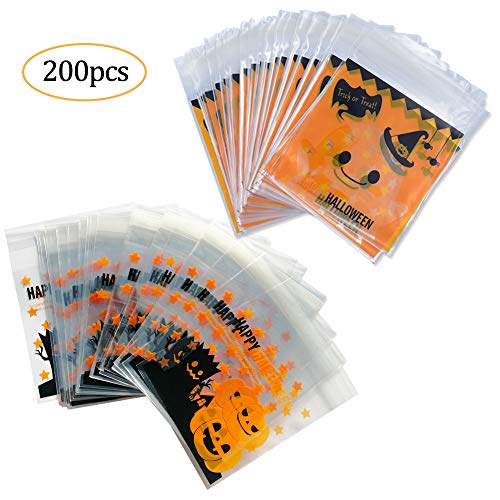 200 Pzas Bolsas de Golosinas de Halloween Autoadhesivas Bolsas de Galletas Bolsa de Celofán Panadería Regalo Bolsas de Regalo DIY Bolsa de Almacenamiento de Dulces Regalo de Fiesta 2 Estilos - Naranja