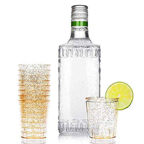 200 Vasos de Chupito Desechables de Plástico Duro con Elegante Brillo Dorado, 2oz(60ml) - Reutilizable, Material Ecológico - Vasos para Shots para Chupitos Vodka Jelly Bodas Fiestas de Navidad.