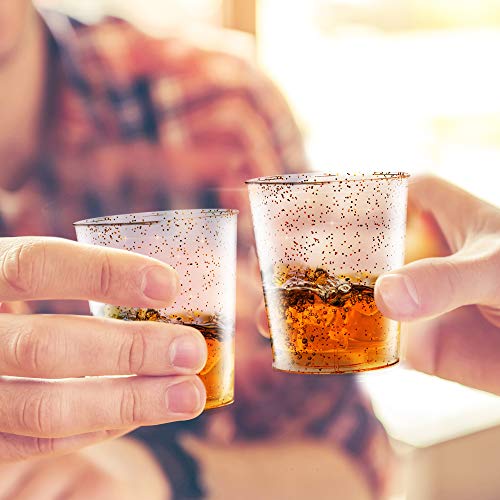 200 Vasos de Chupito Desechables de Plástico Duro con Elegante Brillo Dorado, 2oz(60ml) - Reutilizable, Material Ecológico - Vasos para Shots para Chupitos Vodka Jelly Bodas Fiestas de Navidad.