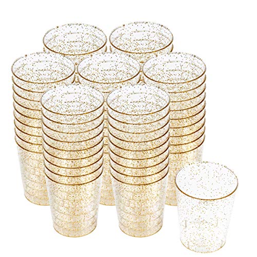 200 Vasos de Chupito Desechables de Plástico Duro con Elegante Brillo Dorado, 2oz(60ml) - Reutilizable, Material Ecológico - Vasos para Shots para Chupitos Vodka Jelly Bodas Fiestas de Navidad.
