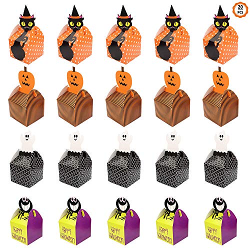 20pcs Caja de Dulces Cajas para Galletas Bolsas Caramelos Halloween, en forma de Gato, Araña, Fantasma, Calabaza, Caja de Papel de Galletas Pasteleria Caramelo Chocolate para Niños (8.7 * 8.7 * 7cm)