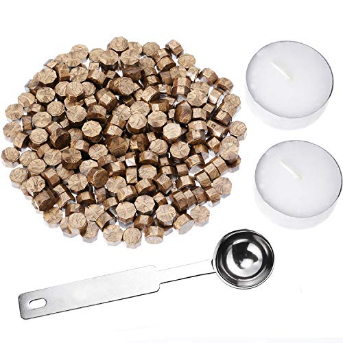 230 Piezas de Cera de Sellado Octágono Palos de Cuentas con 2 Piezas de Velas de Té y 1 Piezas de Cuchara de Fundir Cera para Sello de Cera (Bronce)