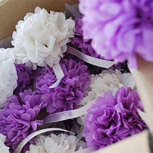 24 piezas Pompon de papel de seda, bolas de papel en forma de flor para fiestas de cumpleanos, bodas, baby shower, shower de novia o decoracion de festivales, Violeta, lavanda y blanco