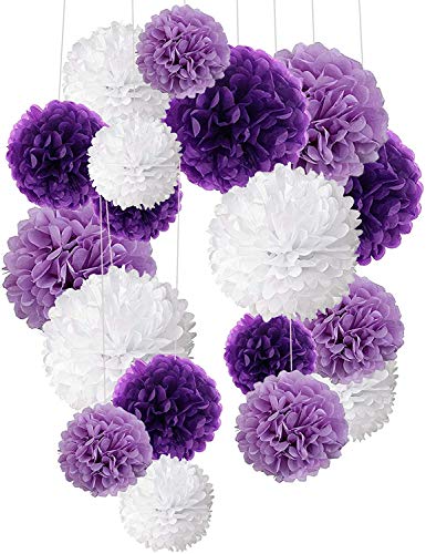 24 piezas Pompon de papel de seda, bolas de papel en forma de flor para fiestas de cumpleanos, bodas, baby shower, shower de novia o decoracion de festivales, Violeta, lavanda y blanco