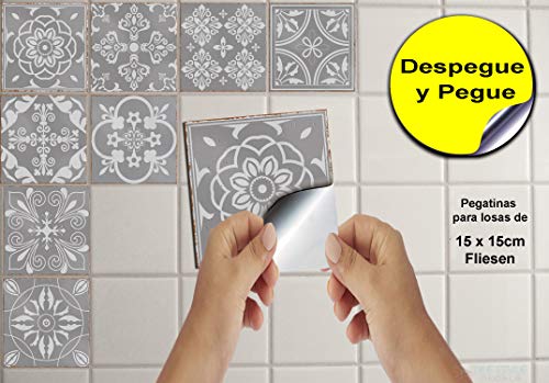 24x gris Lámina impresa 2d PEGATINAS lisas para pegar sobre azulejos cuadrados de 15cm en cocina, baños – resistentes al agua y aceite