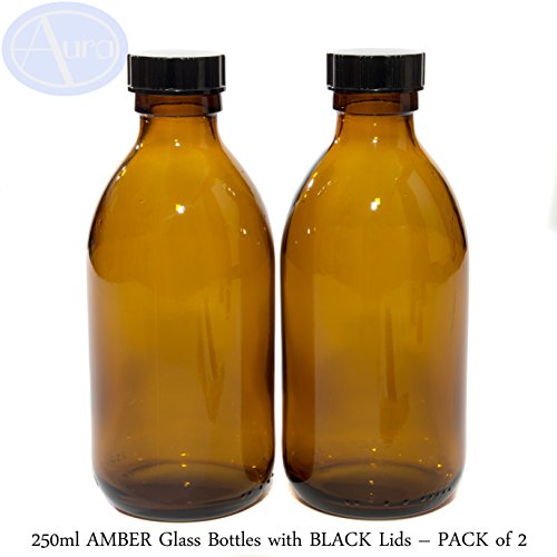250 ml botellas de cristal ámbar con negro tapas – Pack de 2