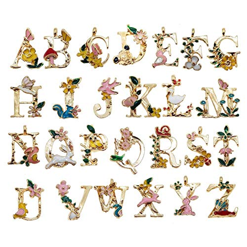 26pcs Aleación del alfabeto abalorios colgante A-Z Letras Abalorios Flor Animal Adorno para Joyería Pulsera Collar Llavero Craft Accesorios