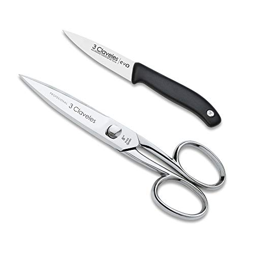3 Claveles Línea EVO Set de Cocina, Tijeras Máster + Cuchillo de Verduras, Plata