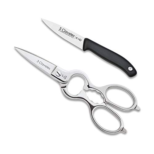 3 Claveles - Set Tijeras Cocina + Cuchillo Verduras, Acero Inoxidable - (Tijera 20 cm, Cuchillo 9 cm)