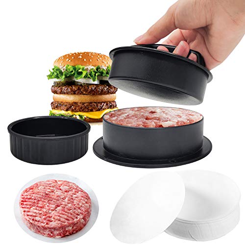 3 en 1 Prensa para Hamburguesas,Dar 50 Piezas de Papel para Hamburguesas para Deslizadores antiadherentes para Barbacoa Prensa Burger Press - Negro