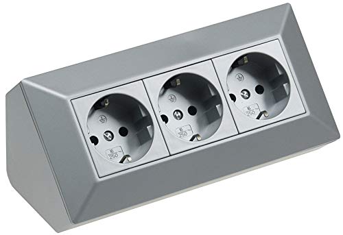 3 enchufes de esquina de mesa 230 V 45 ° ángulo precableado para cocina y taller plata