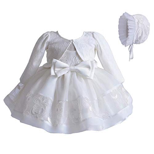 3 Piezas Vestidos de Bautizo Boda Fiesta de la Niña Vestido de la Flor del Encanje Falda de la Princesa del Cumpleaños para la Niña Falda + Chaqueta + Gorro Muchacha 0-18 Meses（Blanco 100(9-18 meses)）
