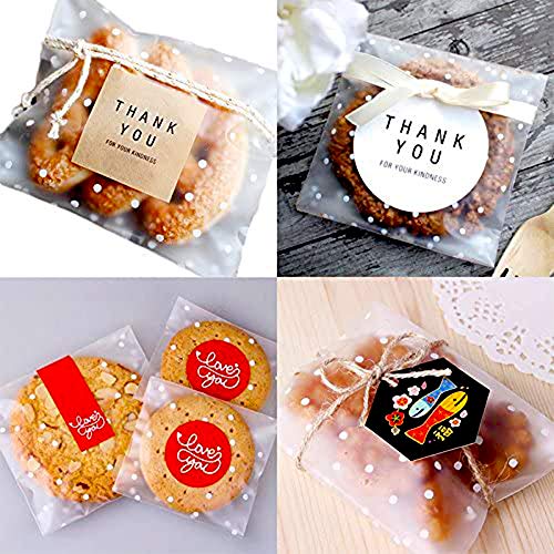 300 Bolsas de Celofán Transparente Plastico OPP Escarchado Bolsas de Regalo Autoadhesivas con Lunares Blancos Bolsas para Dulces Jabón Galletas Caramelo Bombones Regalos Boda Fiesta 7x7 10x10 14x14cm