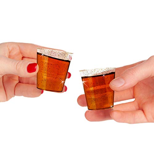 300 Vasos de Chupito Desechables de Plástico Duro con Elegante Brillo Dorado, 1oz(30ml) - Reutilizable, Material Ecológico - Vasos para Shots para Chupitos Vodka Jelly Bodas Fiestas de Navidad.