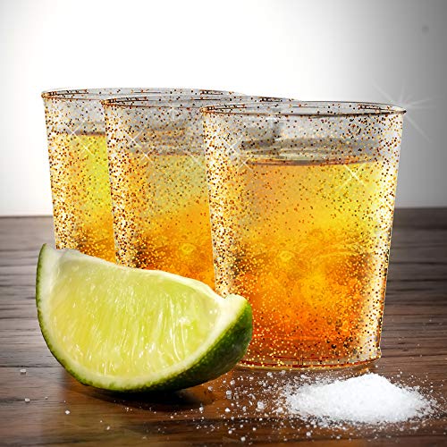 300 Vasos de Chupito Desechables de Plástico Duro con Elegante Brillo Dorado, 1oz(30ml) - Reutilizable, Material Ecológico - Vasos para Shots para Chupitos Vodka Jelly Bodas Fiestas de Navidad.