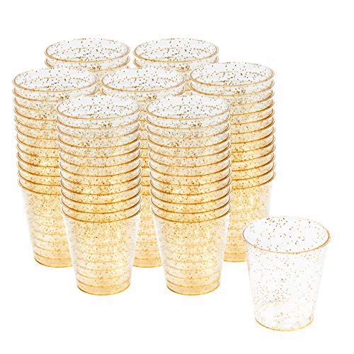 300 Vasos de Chupito Desechables de Plástico Duro con Elegante Brillo Dorado, 1oz(30ml) - Reutilizable, Material Ecológico - Vasos para Shots para Chupitos Vodka Jelly Bodas Fiestas de Navidad.