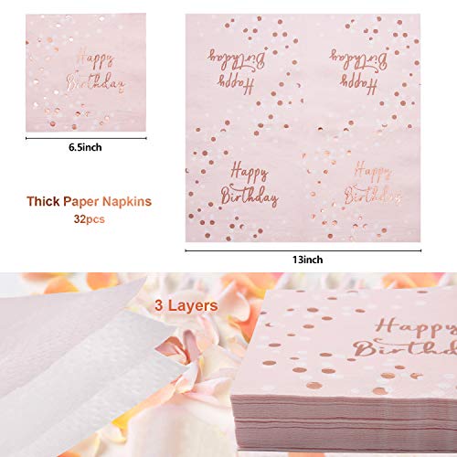 32 piezas Servilletas Cumpleaños, servilletas de papel de oro rosa para decoraciones de fiesta, 30g Happy Birthday confeti de oro rosa con lentejuelas de estrellas plateadas