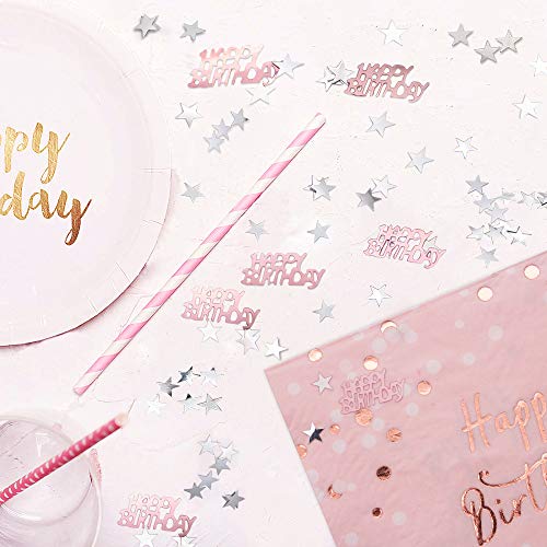 32 piezas Servilletas Cumpleaños, servilletas de papel de oro rosa para decoraciones de fiesta, 30g Happy Birthday confeti de oro rosa con lentejuelas de estrellas plateadas