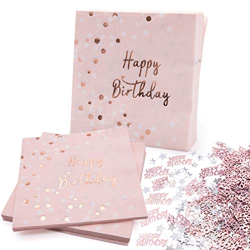 32 piezas Servilletas Cumpleaños, servilletas de papel de oro rosa para decoraciones de fiesta, 30g Happy Birthday confeti de oro rosa con lentejuelas de estrellas plateadas