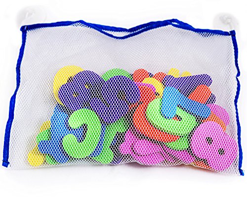 36 Letras y números de baño con organizador. Los mejores juguetes de baño educativos con organizador premium y no tóxico sin BPA en las letras de foami. El regalo perfecto para los niños.