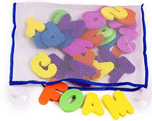 36 Letras y números de baño con organizador. Los mejores juguetes de baño educativos con organizador premium y no tóxico sin BPA en las letras de foami. El regalo perfecto para los niños.