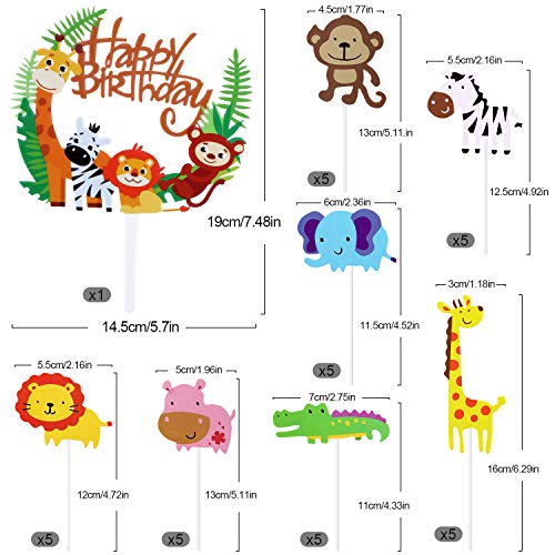 36 Piezas Animales Decoraciones Torta para Decorar la Tarta de Niños Cumpleaños, Feliz Cumpleaños Pastel Topper Tema Selva de Niños Fiesta, Cupcake Toppers Fuentes del Partido