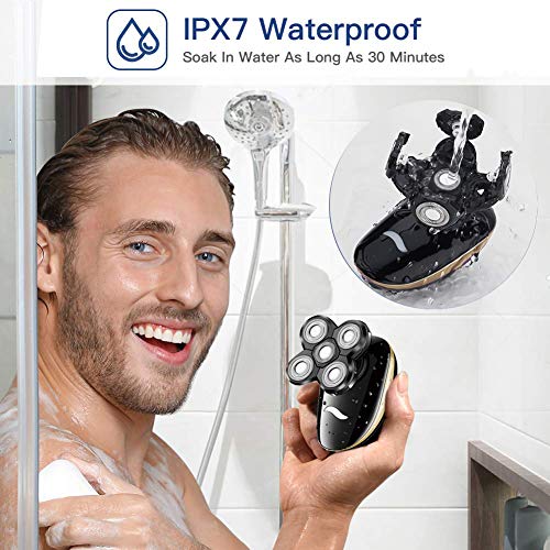 5 IN 1 Afeitadora Eléctrica Cortapelos Hombre, Uso en Húmedo & Seco, 4D Cabezas Rotativa y Barba Electrica Maquinilla De Afeitar, Afeitadora de Cabeza Calva Recortador, USB Recargable, Impermeable