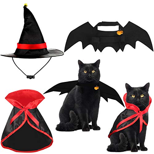 5 Piezas Disfraz para Gato de Halloween Alas de Disfraz de Murciélago Capa de Gato Sombrero de Mago con Campanas de Calabaza para Disfraz de Mascota de Halloween