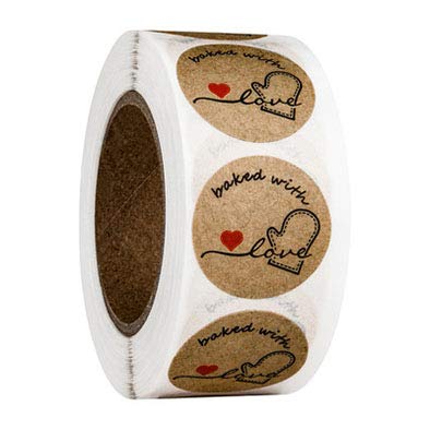 500 Piezas/1 RolloEtiqueta de Papel Kraft,Etiqueta Adhesiva Hecha a Mano,Pegatina Redonda,Etiqueta para Hornear con un Patrón de Amor,para Sello Scrapbooking Regalo Bolsa Pegatina de Bricolaje