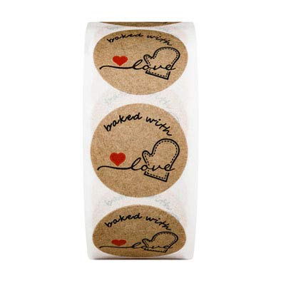 500 Piezas/1 RolloEtiqueta de Papel Kraft,Etiqueta Adhesiva Hecha a Mano,Pegatina Redonda,Etiqueta para Hornear con un Patrón de Amor,para Sello Scrapbooking Regalo Bolsa Pegatina de Bricolaje