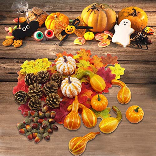 50/166 Piezas Calabazas Artificiales Decoracion otoño, Mini Calabazas, Conos de Pino, Hojas, bellotas y Bayas Kit de decoración de otoño Decoración de Fiesta de Halloween acción Gracias (166 Piezas)