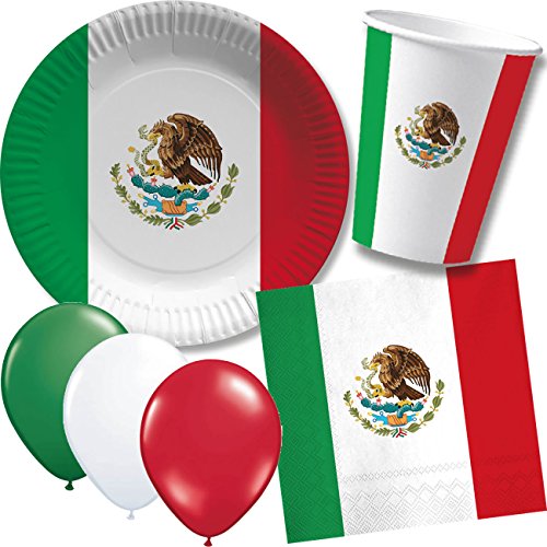 52 Piezas Set de fiesta * México * con platos vasos y servilletas de papel + Globos para cumpleaños infantiles//platos, vasos y servilletas Fiesta Vajilla Decoración Cumpleaños Fiesta temática