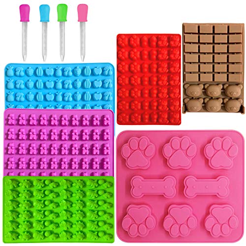 6 Pcs Molde de Silicona, Moldes para Caramelo y Osos Gominola,con 4 cuentagotas para chocolate, gelatina, dulces, cubitos de hielo, oso, fruta, dinosaurio, huella de perro y hueso